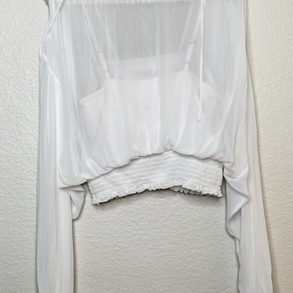 Anthropologie White Double Lined Long Sleeve Smocked Blouse Size Small - Picture 3 of 7